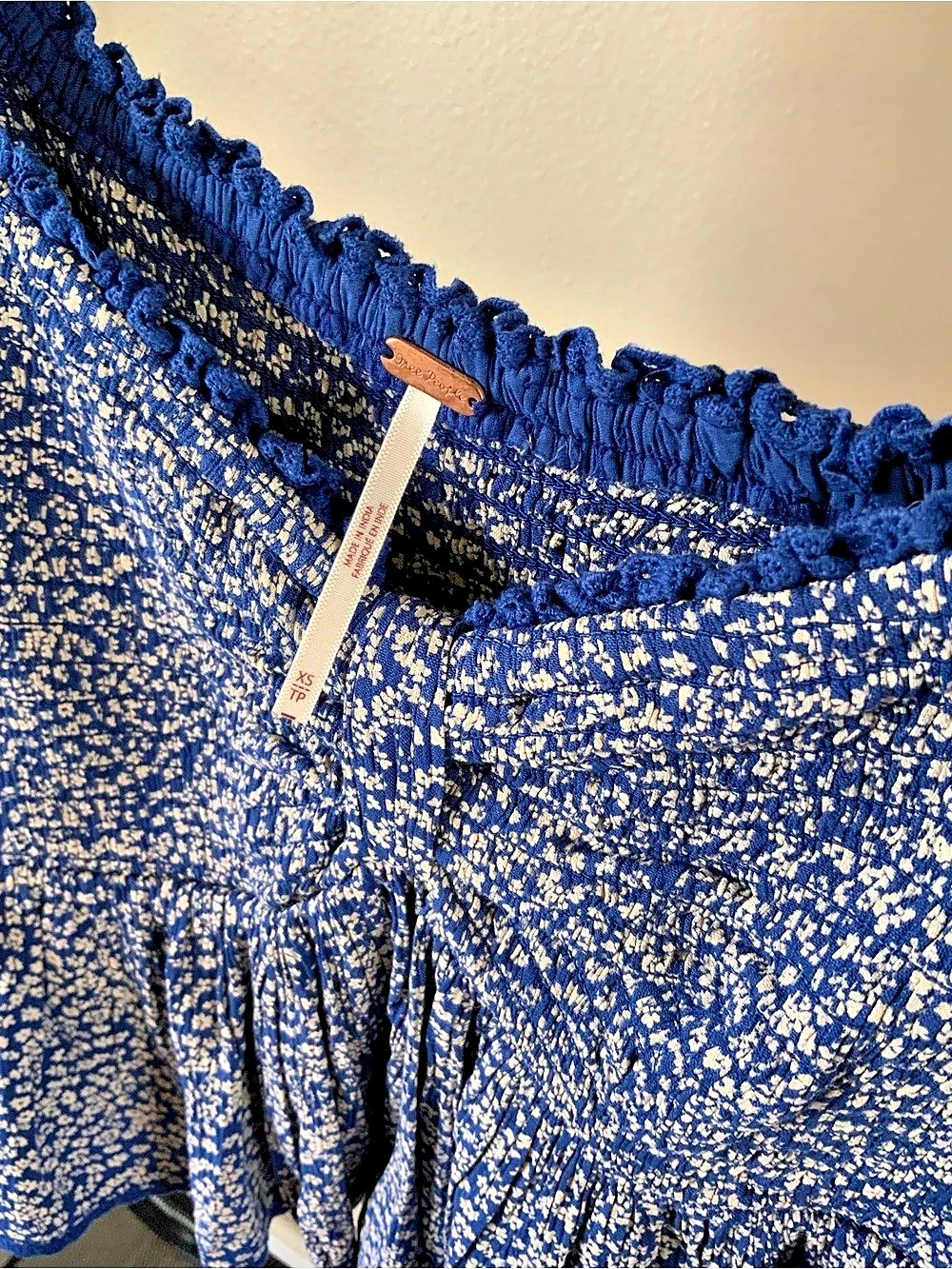 Free People Floral Cropped Blouse in Blue & White